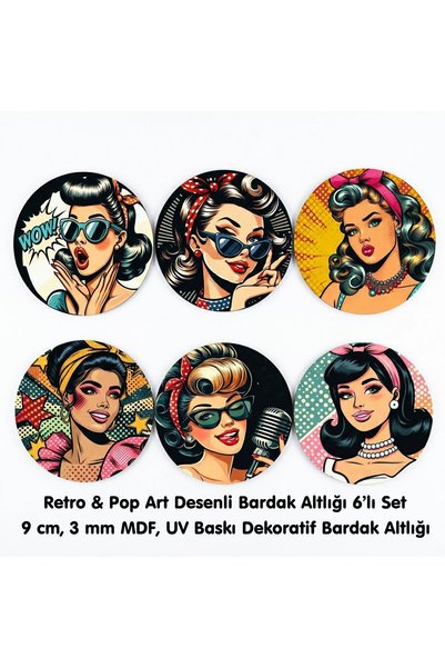 samsunlazer Retro & Pop Art Patterned Coasters Set of 6 - 9 cm Uv Printed Wooden Mdf Decorative Coasters