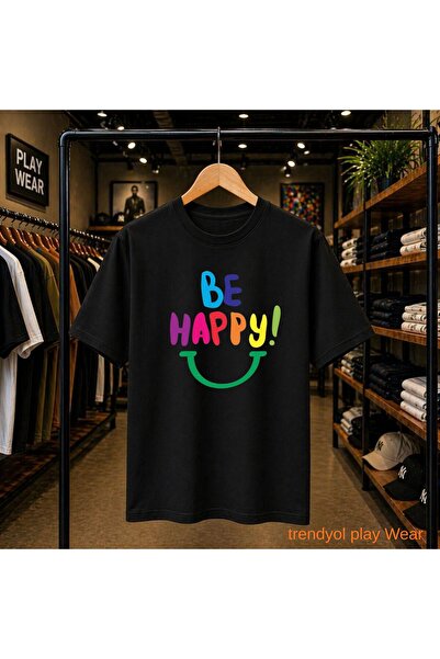 playwear Μπλουζάκι με στάμπα Be Happy, 100% βαμβακερό, oversized, με χαλαρή κ...