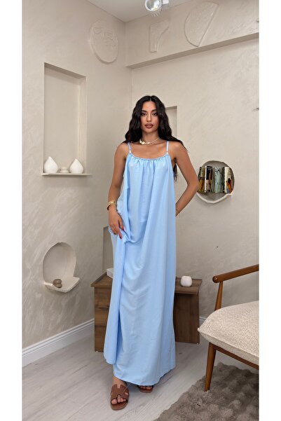 miraylawear LUNA MAVİ RENKLİ ASKILI SALAS KADIN MAXİ ELBİSE