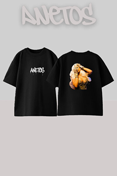 Anetos Μπλουζάκι Cardi B_57 με στάμπα σχεδίου, μαύρο, μεγάλου μεγέθους