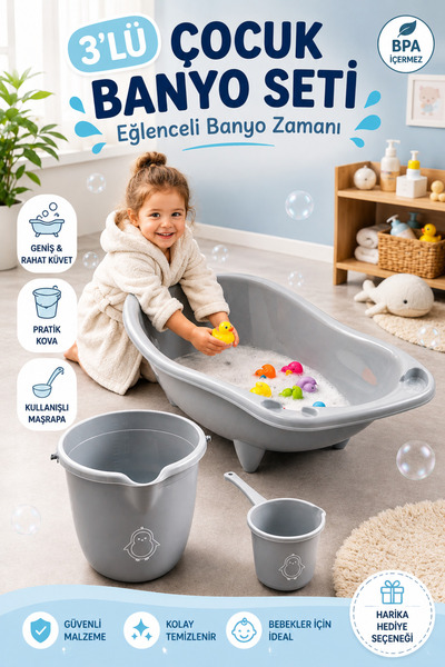 Funny Life 3'lü Çocuk Banyo Seti Bebek Küveti Kova Maşrapa BPA Free Banyo Seti