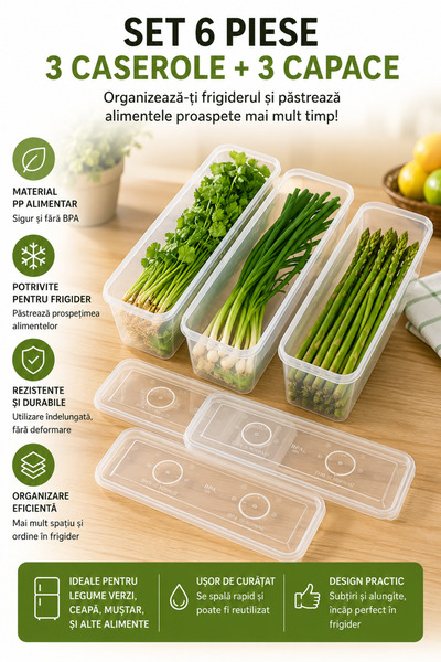 PUPSI Set 3 Caserole pentru Depozitare Alimente în Frigider, cu Capace, Organ...