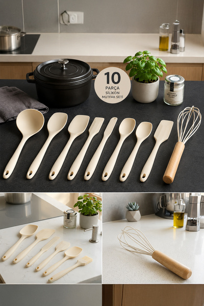 iselahome Arel Silicone Kitchenware Set 10 Pieces Heat Resistant Spatula Spoo...