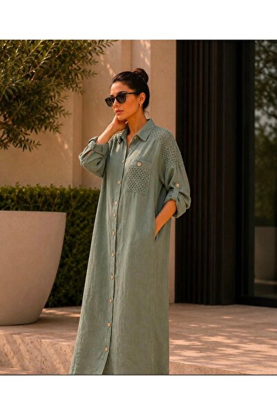 yusracollectionn Women's Italian Linen Mesh Detailed Buttoned Shirt Dress