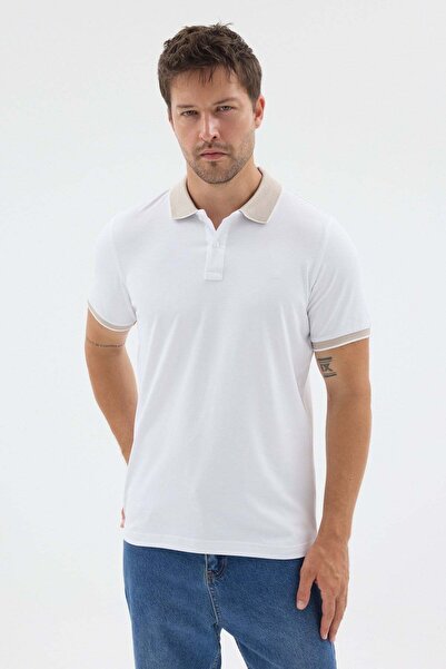İmza White-Beige Polo Collar Pique Short Sleeve Slim Fit 100% Cotton T-Shirt ...