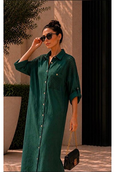 yusracollectionn Women's Italian Linen Mesh Detailed Buttoned Shirt Dress