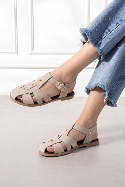 FUGA MODA Treviso Beige Suede Multi-Strap Women's Sandals with Gold Buckle
