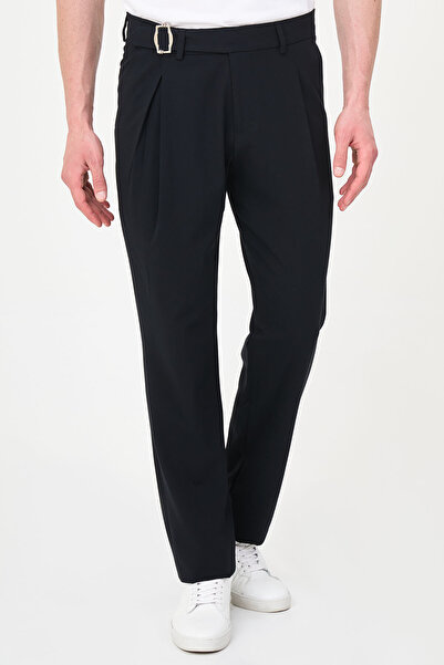 Mcr Straight Slim Fit Pleated Belt Buckle Men's Trousers Navy Blue - 38369.26Y