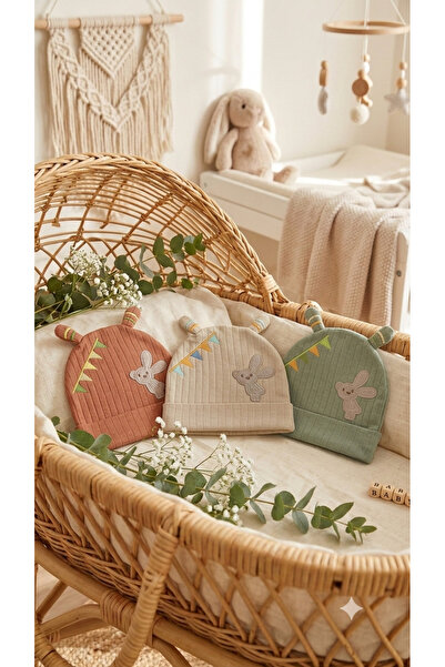 VaVscarfs Set of 3 Baby Hats with Cute Rabbit and Flag Detail, Made from Orga...