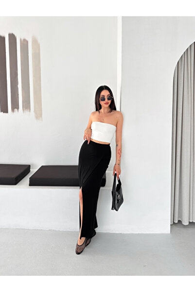 FEWTİNT Women's Black Slit Long Skirt High Waist Stretchy Fabric Maxi Skirt S...