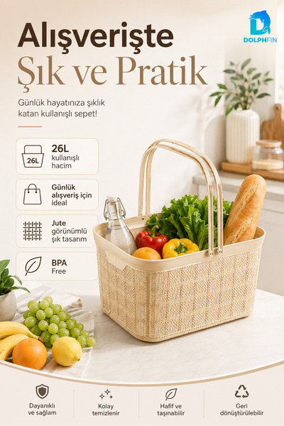 DolphFin Jute Alışveriş Sepeti 26 L Çok Amaçlı Saklama Taşıma Sepeti Çamaşır ...