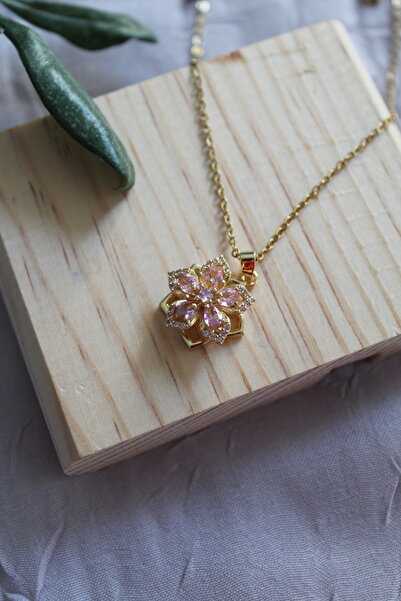Kudi Oyuncak Gold Steel Necklace with Rotating Daisy Model