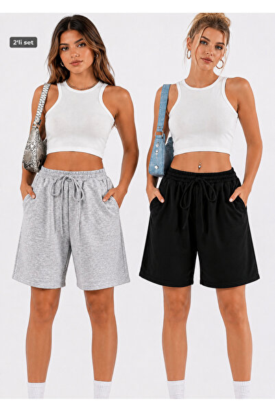 BERYY MODA Double Black Gray Men's Shorts Set Relaxed Fit Wide Fit Shorts