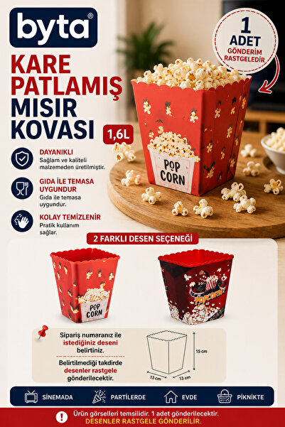 BYTA 1,6 L Plastik Kare Patlamış Mısır Kovası – Sinema Temalı Popcorn Servis ...