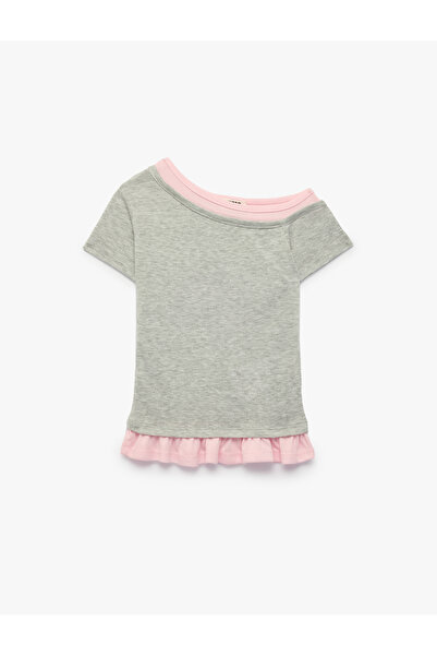 Koton Asymmetrical Boat Neck Ruffle Detailed Short Sleeve T-Shirt