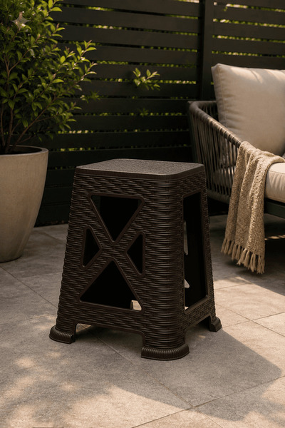 Alezy TB300 Plastik Rattan Desenli Tabure Büyük Boy 38x24cm Kahverengi