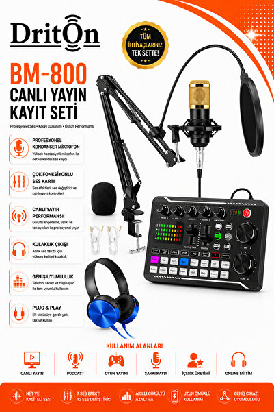 DRİTON BM-800 + F998 SARI PODCAST TİKTOK YOUTUBE YAYINCI CONDENSER MİKROFON V...