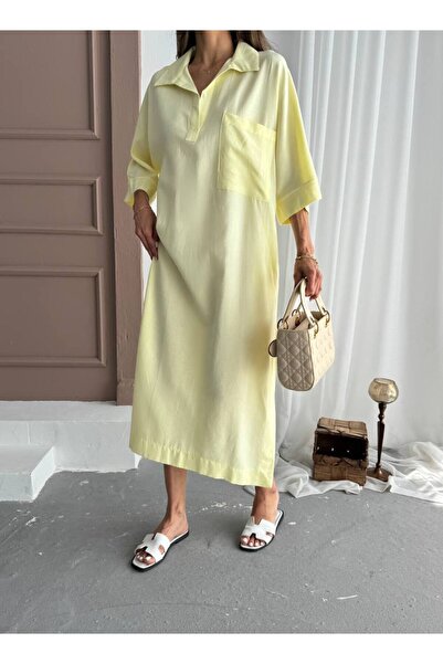 EEES KADIN YAKALI CEPLİ MAXİ BOY İNCE KETEN OVERSIZE ELBİSE