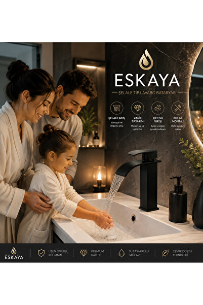 ESHOME Lüx Kare Lavabo Bataryası- Mat Siyah ŞELALE Akışlı Kare Gövde Modern B...
