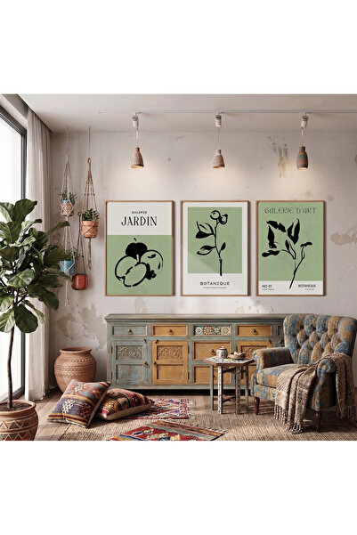 KOLAJTASARIM Ilustrații botanice minimaliste Set de 3 tablouri înrămate în le...