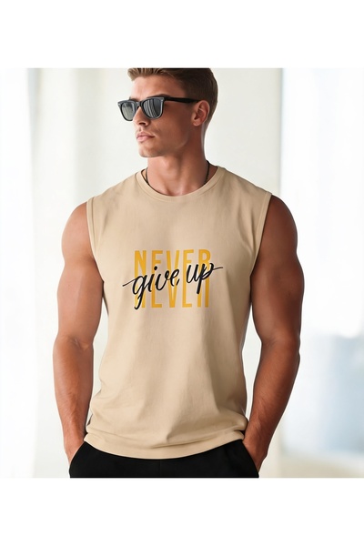 caddekombin Men's Never Give up Written Zero Sleeve Round Neck Beige Color Sp...