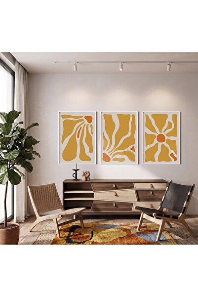 KOLAJTASARIM Set of 3 White Wood Framed Paintings — Mustard Flower Abstract S...