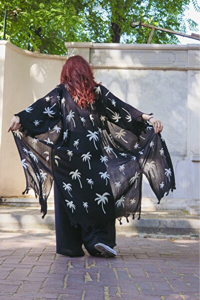 Oiki Unisex Kimono, Palmiye Desenli Siyah Beyaz Kimono, Taş Baskı Pamuk Kimon...