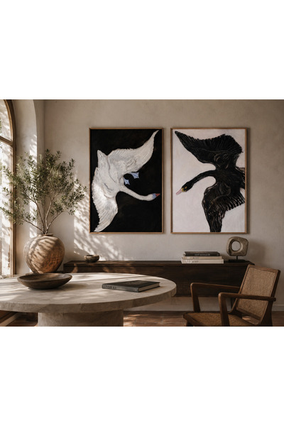 Boho wellness studio Ahşap Çerçeveli Siyah Beyaz Kuğular İkili Tablo Seti – M...