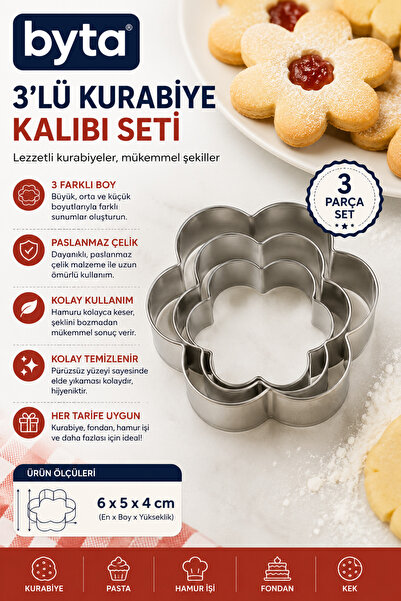 BYTA Set of 3 Stainless Steel Flower Cookie Cutters – Different Size Dough an...