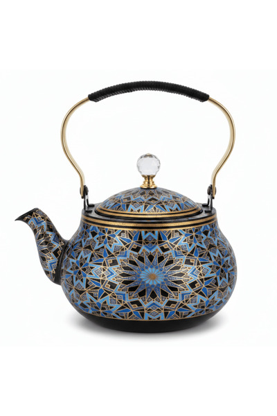 AKDC Blue & Black Enamel Metal Kettle with Islamic Geometric Mosaic Pattern, ...