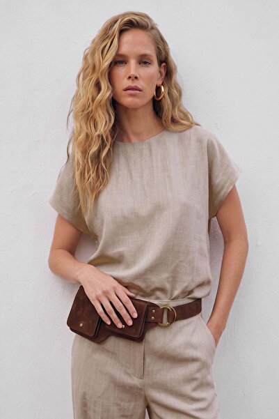 Sateen Short Sleeve Blouse - Beige