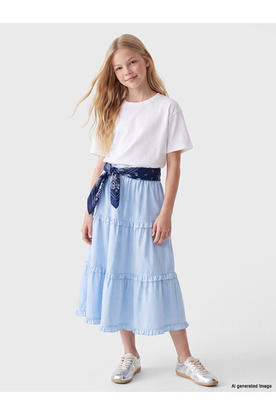LC Waikiki Lcw Kids Blue Girls' Layered Skirt with Elastic Waist