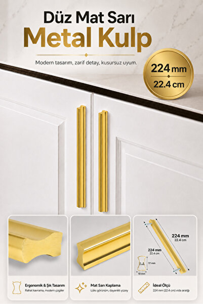 Badem10 Düz Mat Sarı Metal Çekmece Kulp 224 mm 22.4 cm Dolap Mobilya Kulpu Ku...
