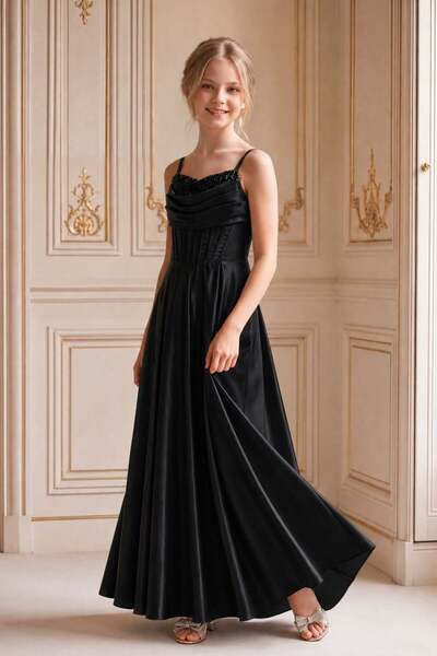 BUTİKHAPPYKİDS Girl's Evening Dress with Thin Straps, Black Long Draped Satin...