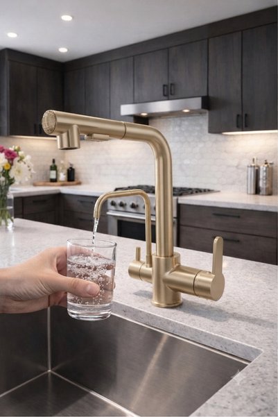 RENA DESIGN Mat Gold Spiral Shape 2 Mode Head L Pipe Kitchen Sink Faucet Gold Brass Fitting Faucet
