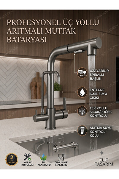 RENA DESIGN ANTRASİT ARITMALI SPİRALLİ 2 MODLU BAŞLIK L BORU MUTFAK EVYE BATA...