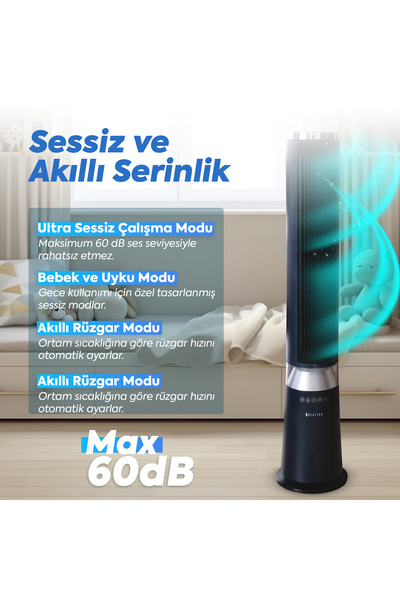 DİĞER418 Sessiz Kule Tipi Vantilatör Uzaktan Kumanda Zamanlayıcı 5 Kademe Beb...