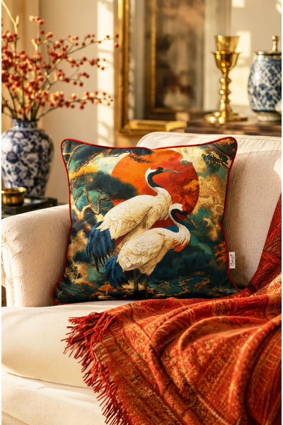 CANİLA Turna Patterned Traditional Velvet Piping Luxury Cushion Cover 45X45Cm...