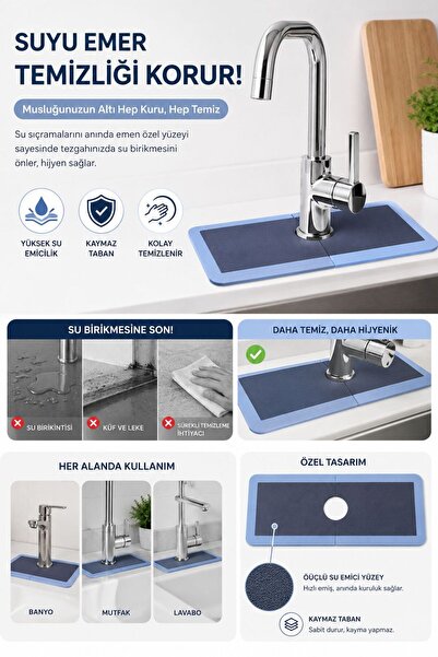 ERYHOME Su Emici Musluk Matı Kaydırmaz Taban Su Emici Yapı