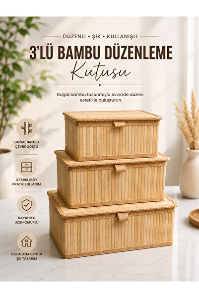 Arsimo 3’lü Bambu Saklama Kutusu Kapaklı Organizer Seti Mutfak Banyo Dolap Dü...