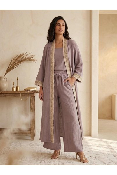Pulchrani Comfortable Fit Seersucker Stripe Detailed Kimono Pants Set
