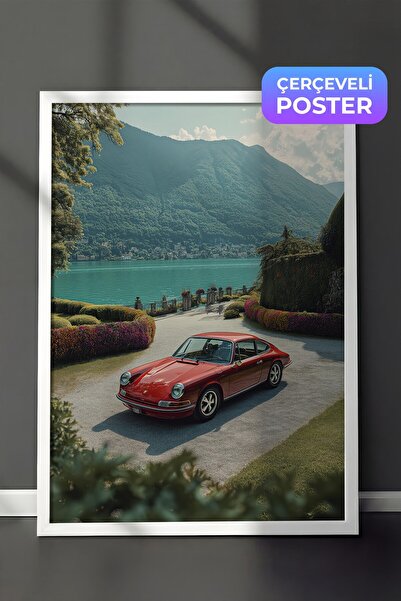 Postifull Poster sa crvenim automobilom i planinskim pejzažom, poster sa beli...