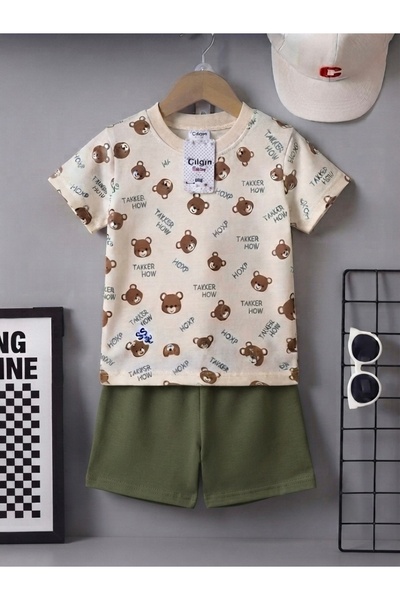 Minik mooda Boy's Teddy Bear Patterned Summer Set - Short Sleeve T-Shirt and ...