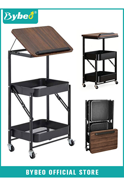 BYBEO 2-in-1 Side Table＆Storage Trolley, 3-Tier Utility Rolling Cart with Hei...