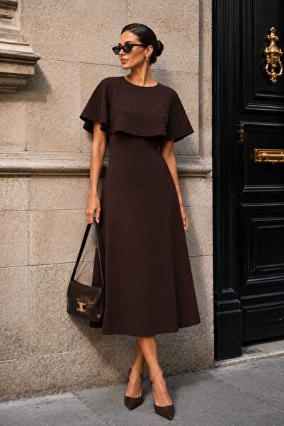 YEK&BİR Cloaked Dress with Stone Details and Giped Back