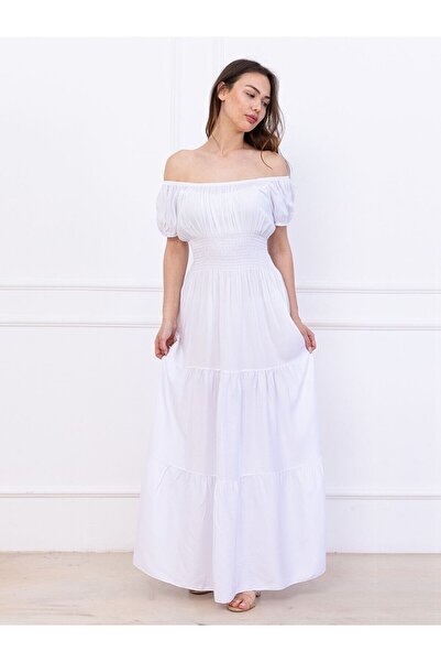 Flubutik Women's Woven Watermelon Sleeve Long Dress White Solo