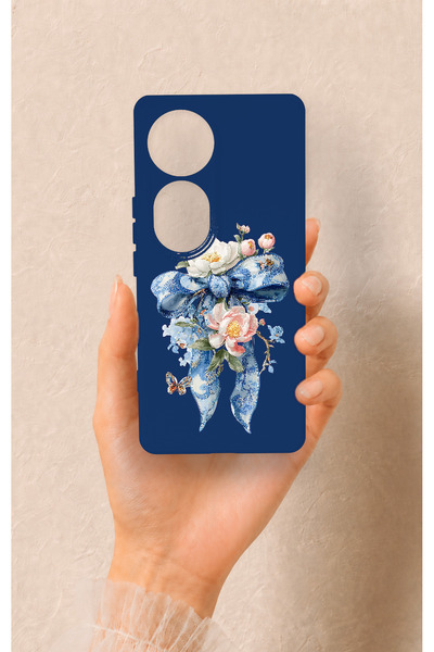 Vip Case Vivo V40 Uyumlu Mavi Kurdeleli Çiçek Desenli Silikon Kılıf