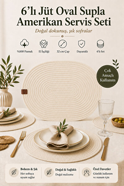Fabrix Home 6-Piece Oval Jute Platter American Service Set Ecru Color Bohemia...