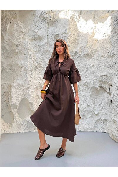 MADAME MELEK Premium Special Edition Muslin Fabric Balloon Sleeve Midi Dress