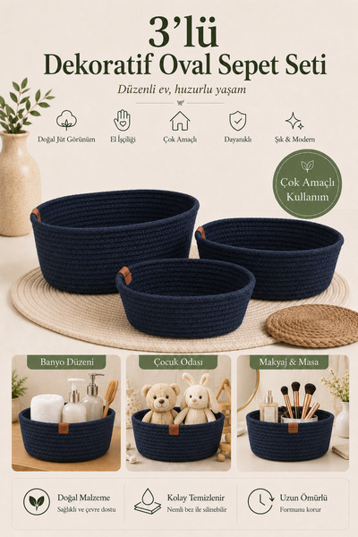 Fabrix Home 3-Piece Oval Decorative Cotton Basket Set Navy Blue Color Multi-P...